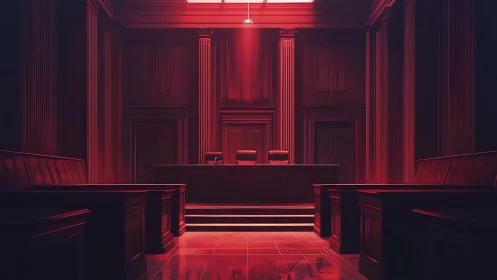 Red-lit neoclassical courtroom interior with empty benches