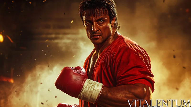 Determined boxer holds fighting stance under dramatic arena light