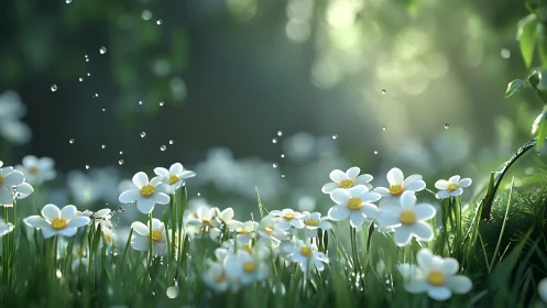 White daisies with dewdrops in soft morning light