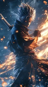Fiery anime swordsman standing bold between flame and frost.