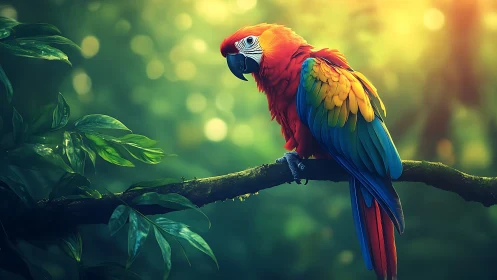 Vibrant Scarlet Macaw Perched on Branch in Dreamy Forest Light.