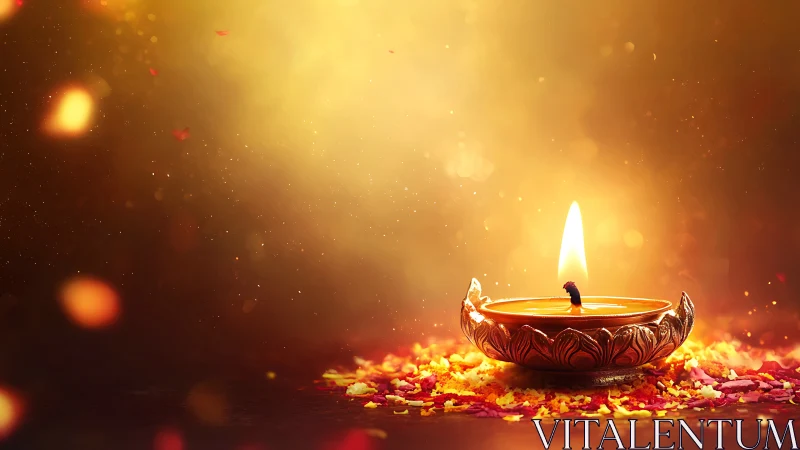 Golden diya dreaming in petals and drifting festive dust.