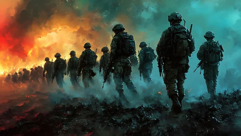 Soldiers advance through burning mist in a surreal warzone