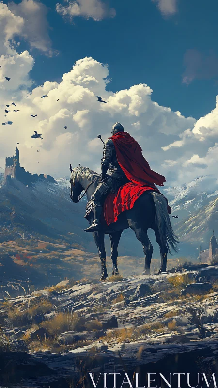 Armored rider surveying mountain stronghold under turbulent clouds.