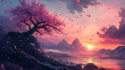 Blossom-laden cliff tree greeting a dream-lit mountain dawn.