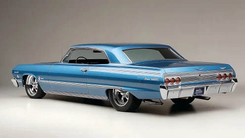 Studio-side profile of restored blue classic lowrider coupe.