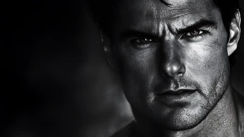 High-contrast monochrome male portrait, tight facial close-up.