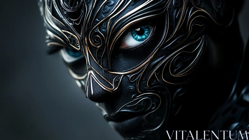 Intricate metallic mask frames cyan irises with high-gloss microdetail