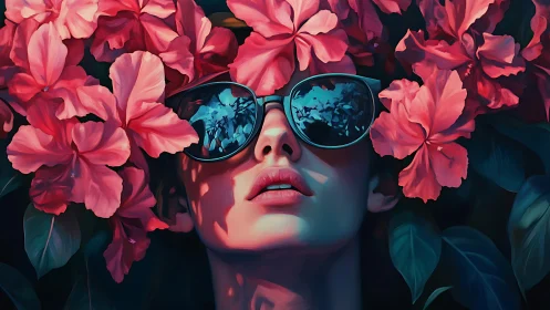 Bold sunglasses meet lush pink blossoms in a dreamy portrait