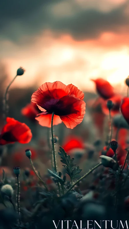 Scarlet poppy field in cinematic sunset bokeh lighting.