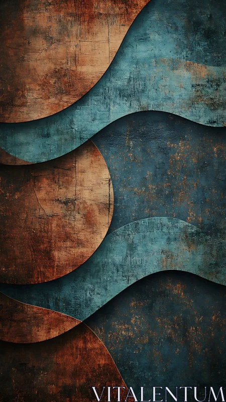 Copper tides and teal currents carve waves through rusted steel