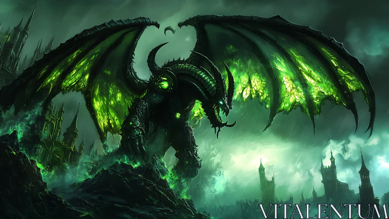 Apocalyptic demon dragon over gothic citadel, digital concept art.