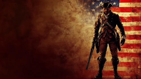 Colonial soldier silhouette before distressed US flag backdrop.