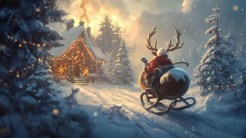 Snowy forest cabin welcomes Santa on stylized sleigh at dusk