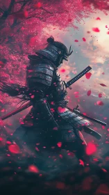 Samurai in armor under cherry blossoms with falling petals.