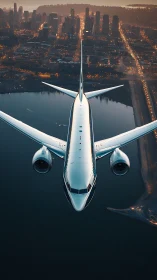 Airliner nose-on over dusk city with reflective waterfront.