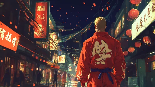 Neon night market welcomes a lone fighter in bright red