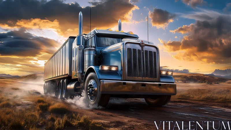 Powerful blue semi truck roars across a sunset dirt highway