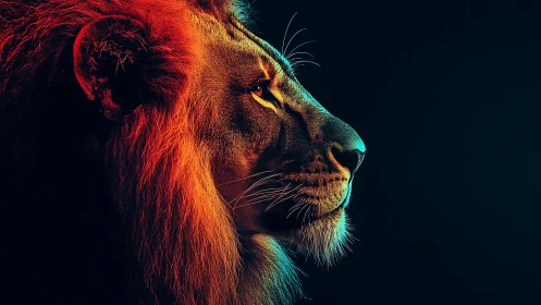 Side profile lion portrait uses dual color rim lighting