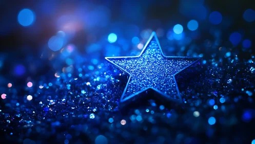 Glittering blue star on sparkling bokeh background.