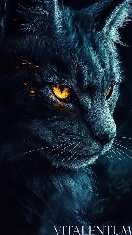 Ember-eyed nocturnal cat in electric blue shadowed fur.