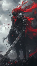 Dark armored knight with red cape stands over stormed ruins