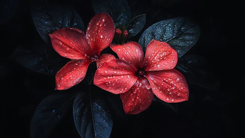 Crimson Blooms Dancing in Dewy Twilight.