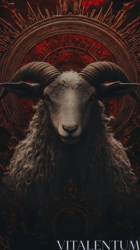 Majestic horned ram stands proud before fiery ornate halo