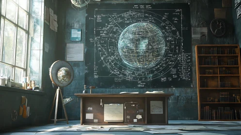 Astrophysicist&rsquo;s chalkboard globe dominates a sunlit study.