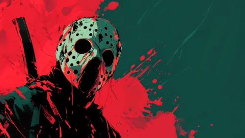 Hockey mask killer silhouette soaked in splattered crimson