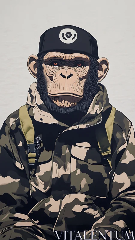 Militant chimpanzee portrait in camo jacket and cap