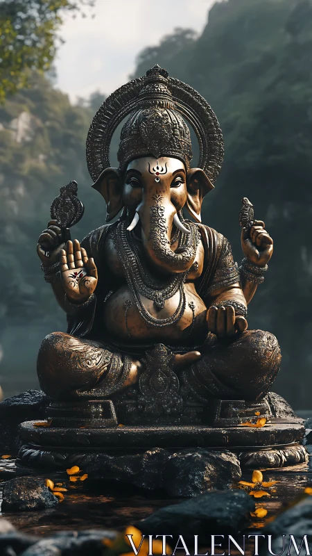 Rainwashed Ganesha idol glowing in a misty jungle shrine.