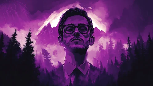 Stylized man in glasses stands before purple mountain scene