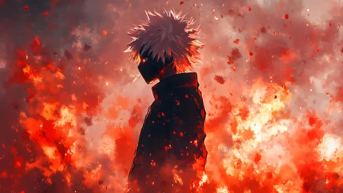Masked anime antihero stands amid blazing inferno clouds.