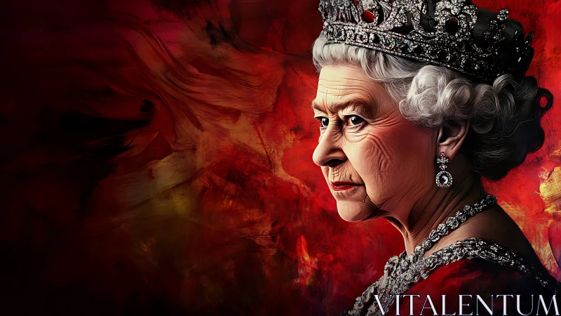 Regal elderly woman in jeweled crown against molten red field.