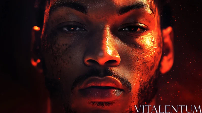 Close male portrait in red-orange dramatic lighting effect.
