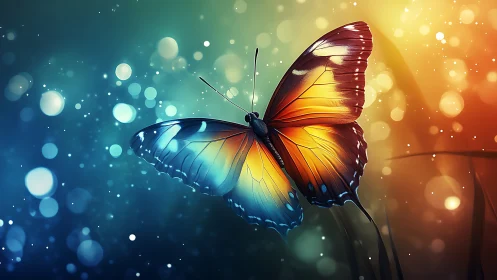 Luminous butterfly drifting through a dreamy rainbow glow.