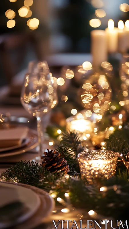 Festive dinner table shows candles, garland and glassware softly
