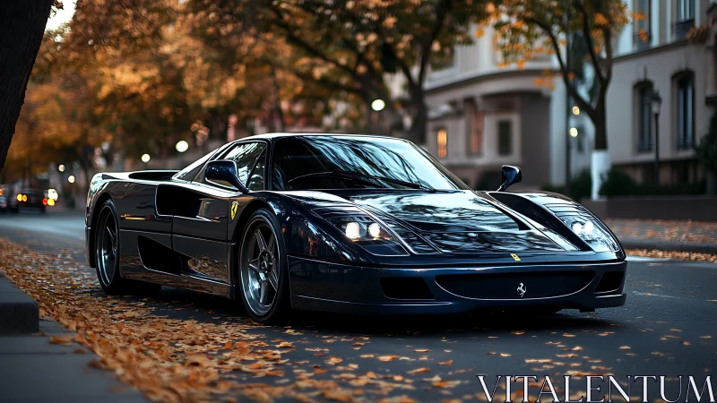 Photorealistic supercar portrait in autumn urban streetscape.