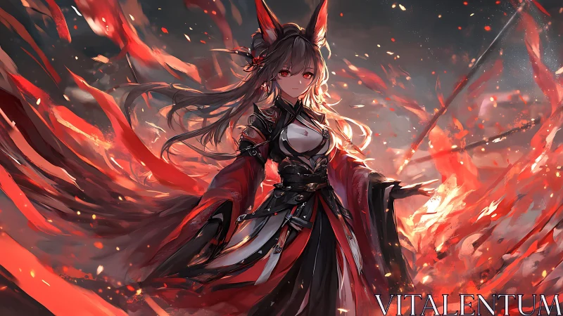 Foxfire war priestess strides through stormborn embers.