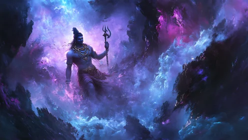 Divine warrior strides through swirling cosmic stormscape