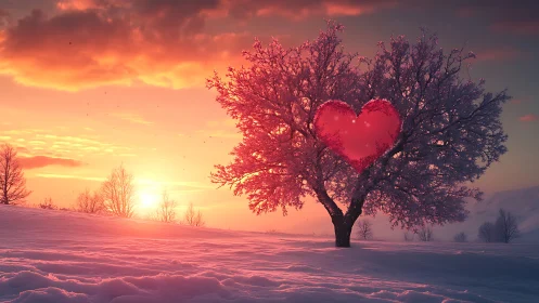 Heart-Shaped Tree at Sunset in Snow.