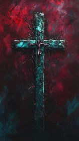 Weathered crucifix with thorns on dark red textured wall.