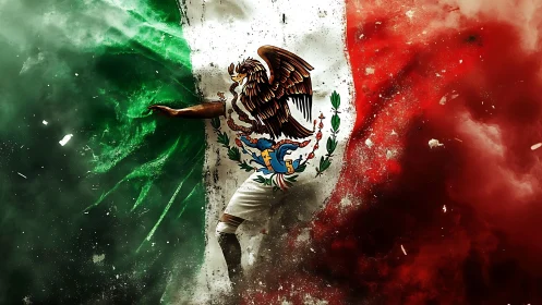 Mexican flag merged with dynamic soccer player silhouette.