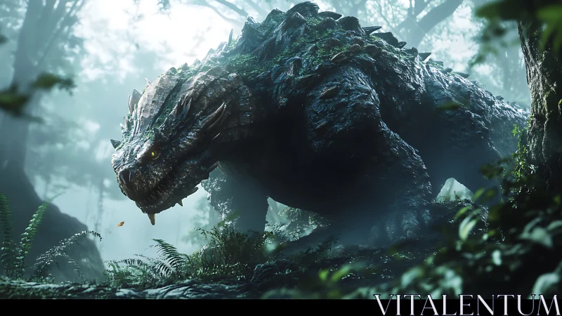 Colossal mossed dragon stalking misty forest floor.