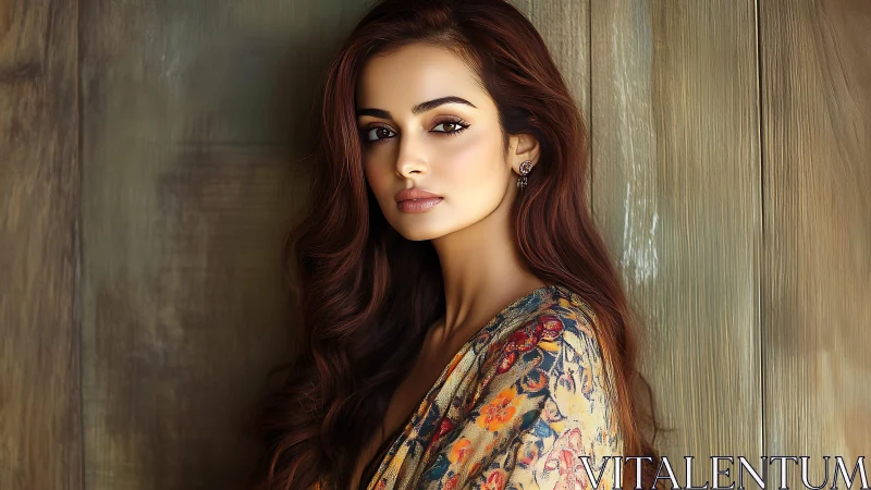 Elegant woman in floral shawl gazes softly against wood panel