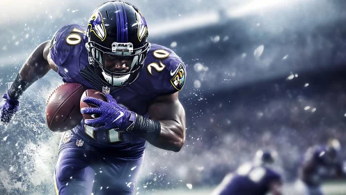 Raven runner storms the gridiron in frosted purple fury.