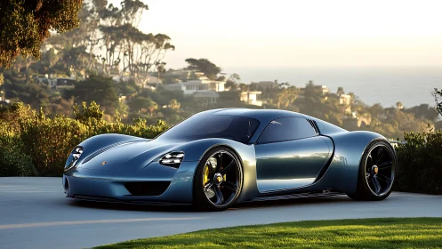 Futuristic blue supercar on coastal hillside driveway at dusk.