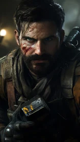 Battle-worn soldier portrait in gritty, cinematic lighting.