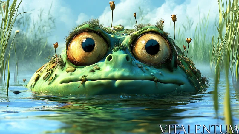 Giant wide-eyed swamp frog surfaces in tranquil morning pond.